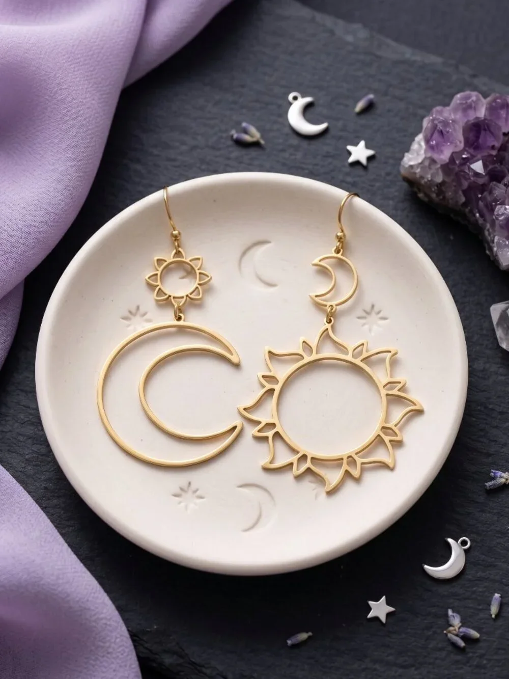 Sun Moon Mismatched Dangle Earrings Gold Celestial Cutout Boho Whimsigoth 3